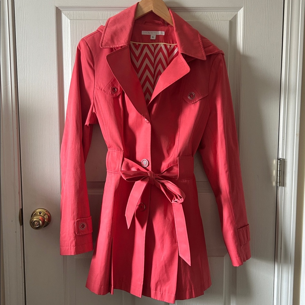 Via Spiga‎ Womens Spring Midi Length Belted Hooded Trench Coat in Coral Size XL - Picture 14 of 14